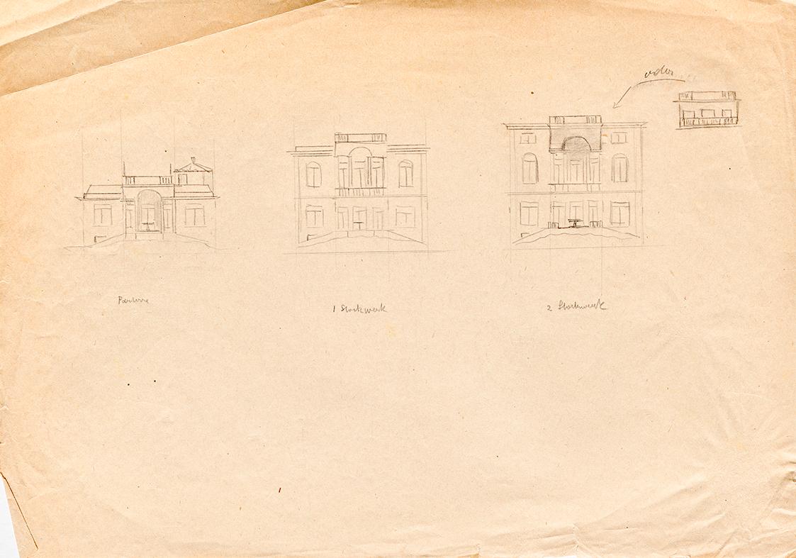 Franz von Matsch, Entwurfsskizzen zu Matschs Ateliervilla - Gartenfassade, 1895/1896, Bleistift…