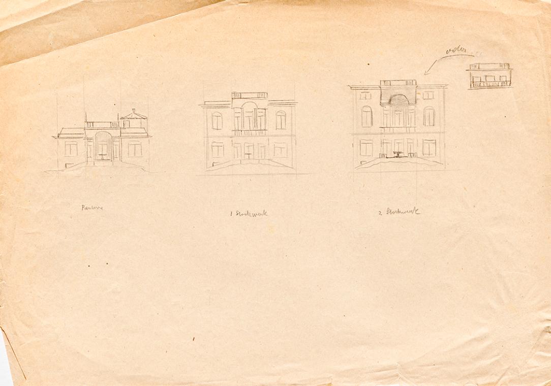 Franz von Matsch, Entwurfsskizzen zu Matschs Ateliervilla - Gartenfassade, 1895/1896, Bleistift…