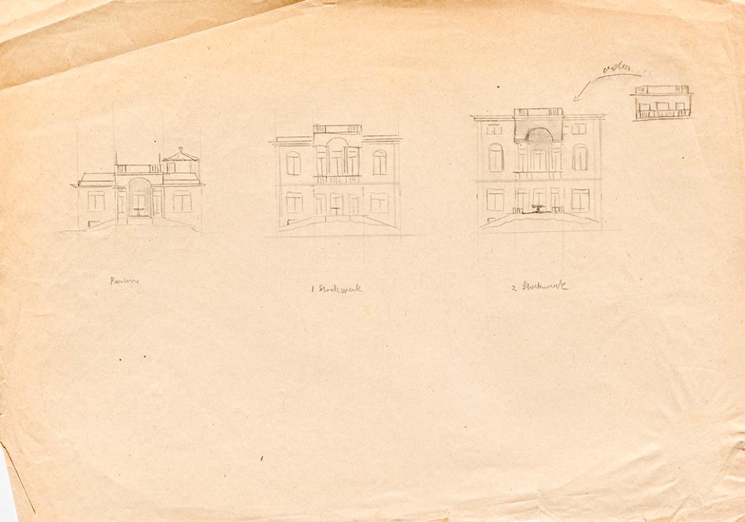 Franz von Matsch, Entwurfsskizzen zu Matschs Ateliervilla - Gartenfassade, 1895/1896, Bleistift ...