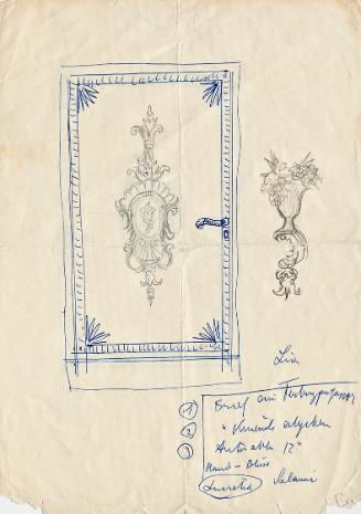 Franz von Matsch, Entwurfskizze für eine Tür, um 1895, Kugelschreiber und Bleistift, 30 x 20,8 …