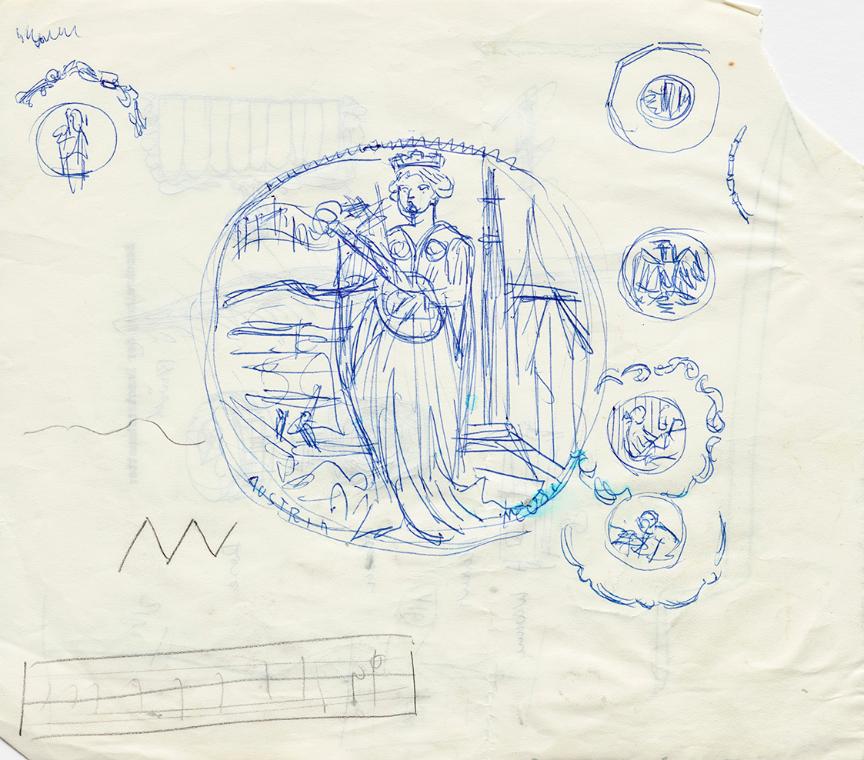 Franz von Matsch, Entwurfskizze "Austria Musik", undatiert, Bleistift, Kugelschreiber, 20,9 x 2…