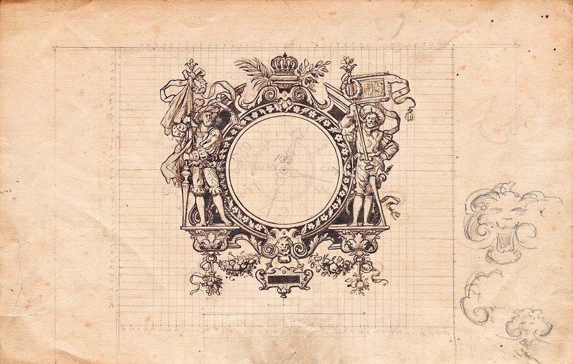 Entwurfszeichnung für die Sgraffitodekoration der Turmuhr im Hof von Schloss Peles in Sinaia