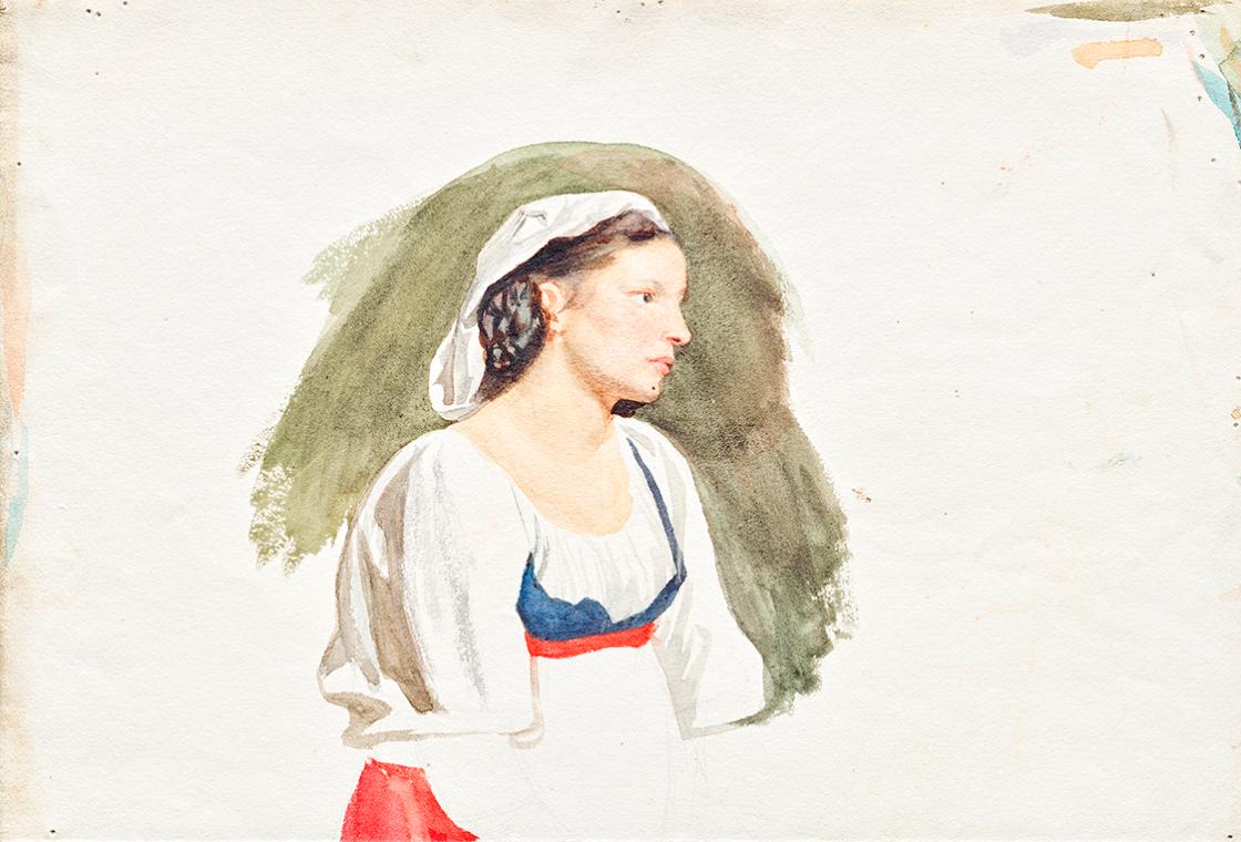 Franz von Matsch, Dienstmagd, um 1880, Aquarell, 19,4 x 28,2 cm, Belvedere, Wien, Inv.-Nr. 1046…