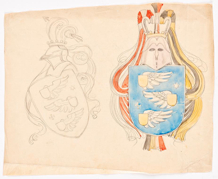 Franz von Matsch, Entwurf für ein Familienwappen, 1912, Bleistift, Aquarell, 35,4 x 42,7 cm, Be…