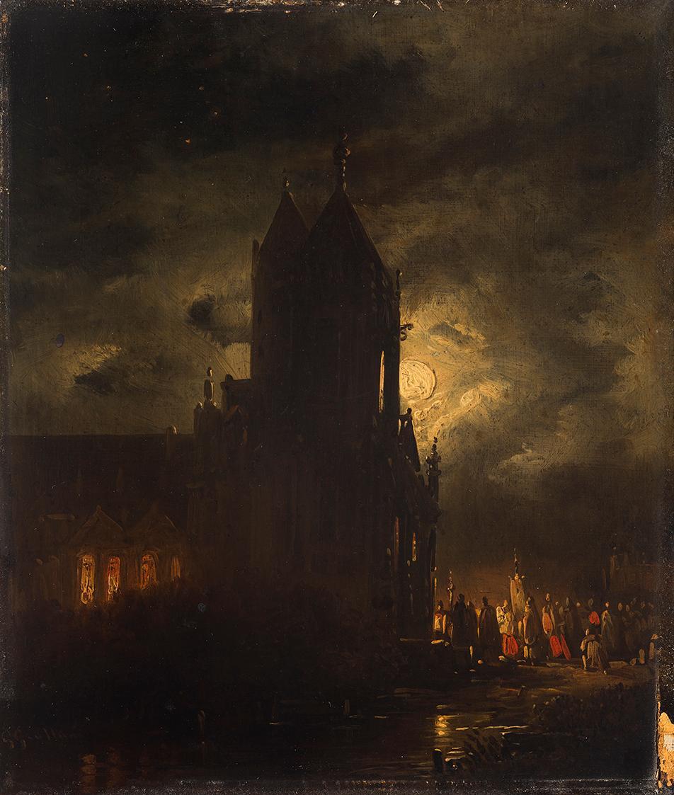 Georg Gillis van Haanen, Nächtliche Prozession, Öl auf Eichenholz, 19,5 × 16,5 cm, Schenkung Sa…
