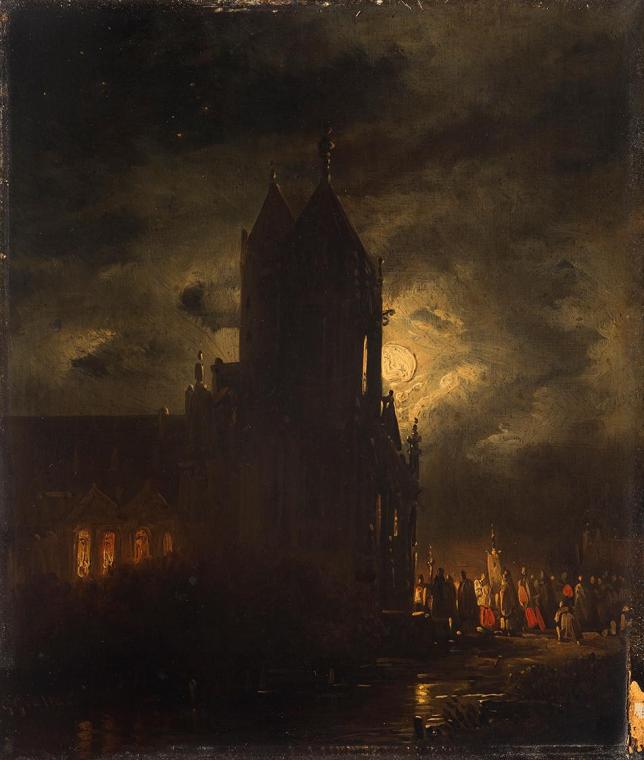 Georg Gillis van Haanen, Nächtliche Prozession, Öl auf Eichenholz, 19,5 × 16,5 cm, Schenkung Sa…