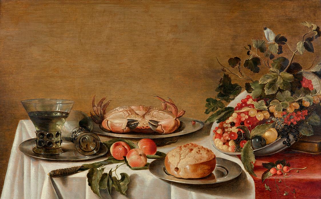 Floris Gerritsz van Schooten, Stillleben mit Obst, Krabbe und Brot, undatiert, Öl auf Holz, 54 …