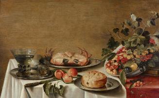 Floris Gerritsz van Schooten, Stillleben mit Obst, Krabbe und Brot, undatiert, Öl auf Holz, 54 …