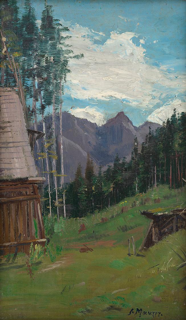 Serafin Maurer, Blick in die Berge bei Radmer in der Obersteiermark, 1925, Öl auf Holz, 26 × 16…