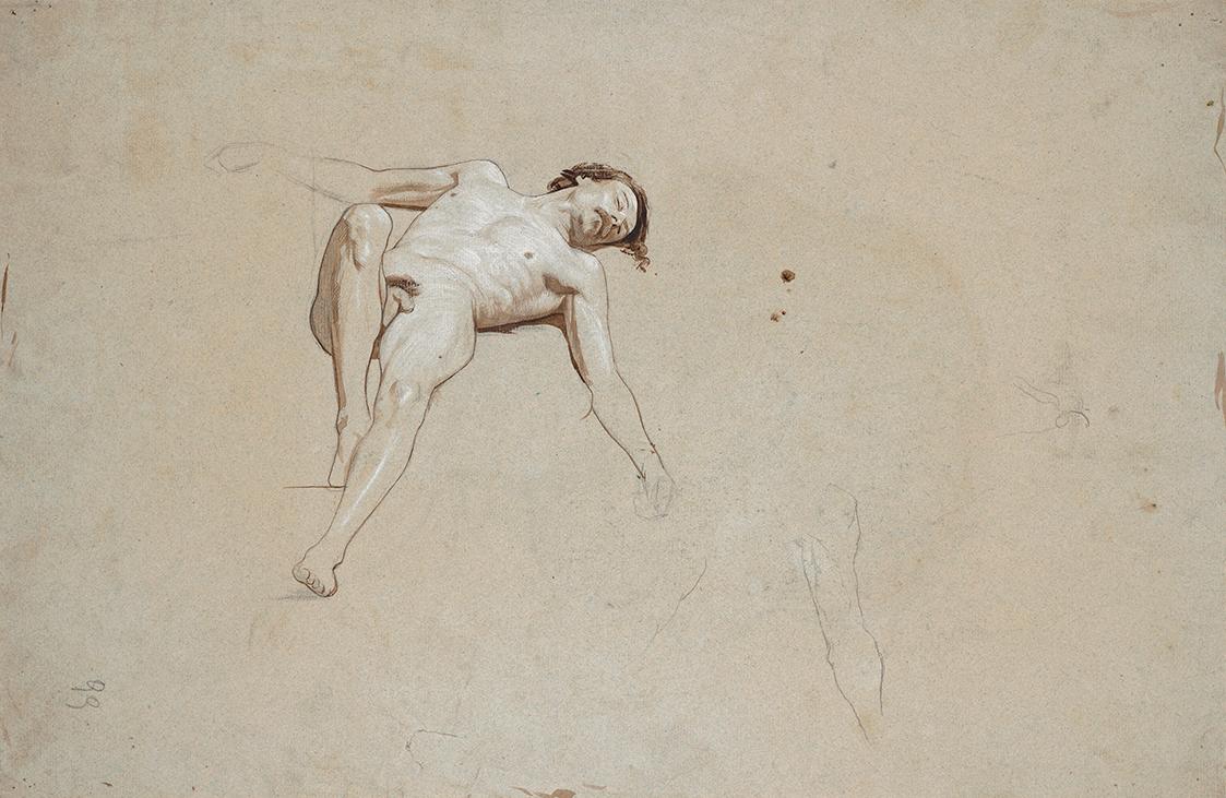 Franz von Matsch, Studie eines liegenden Männeraktes, undatiert, Kohle, Weißstift, Tusche in Br…