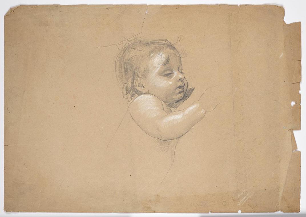 Franz von Matsch, Studie eines Kleinkindes, undatiert, Bleistift und Weißstift, 31,4 x 44,7 cm,…