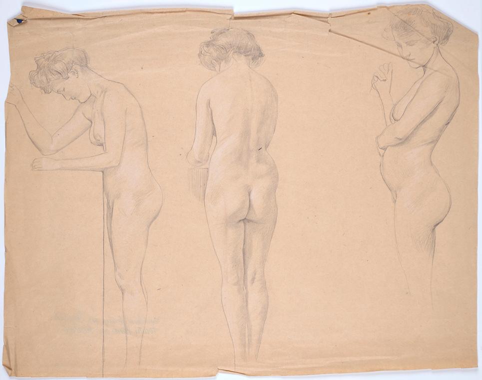 Franz von Matsch, Aktstudien einer schwangeren Frau, undatiert, Bleistift und Weißstift, 39,8 x…