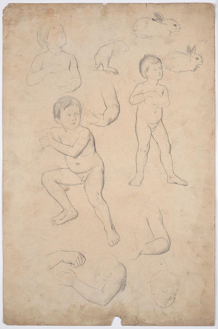 Franz von Matsch, Kinderakt- und Kopfstudien, 2 Hasen, undatiert, Bleistift, 47,8 x 31,2 cm, Be…