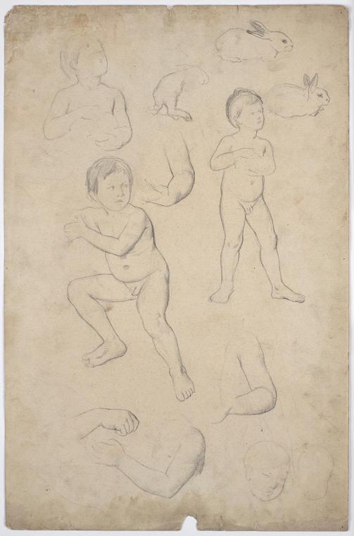 Franz von Matsch, Kinderakt- und Kopfstudien, 2 Hasen, undatiert, Bleistift, 47,8 x 31,2 cm, Be…