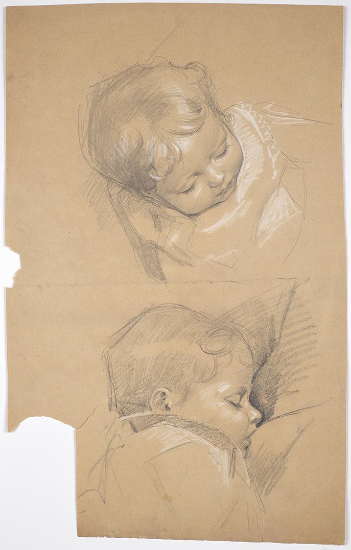 Franz von Matsch, Kinderkopfstudien, um 1882, Bleistift, Kohle und Weißstift, 40,5 x 25,5 cm, B…