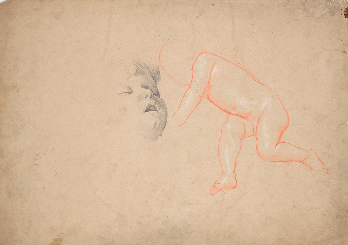 Studien eines Kleinkindes, eines Kleinkinderkopfes schlafend, eines Frauenkopfes