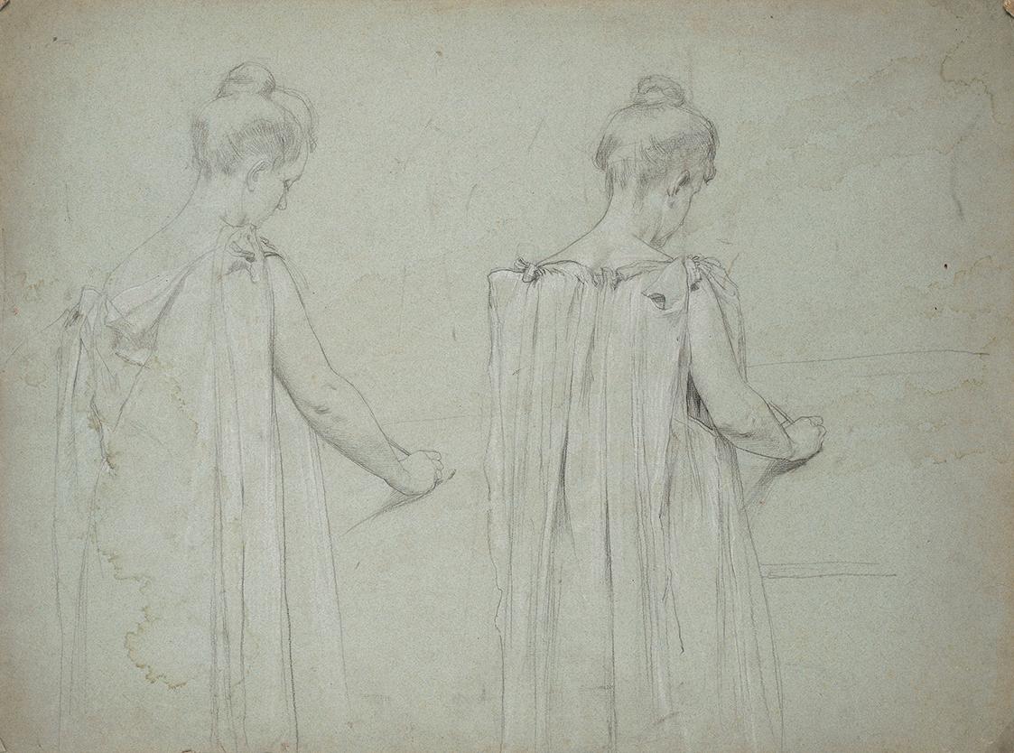 Franz von Matsch, Studie einer schreibenden Frau, undatiert, Bleistift und Weißstift auf Karton…