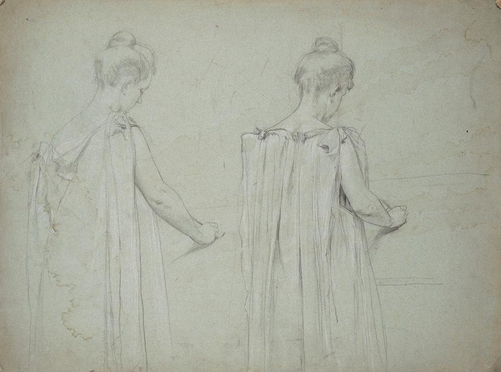 Franz von Matsch, Studie einer schreibenden Frau, undatiert, Bleistift und Weißstift auf Karton…