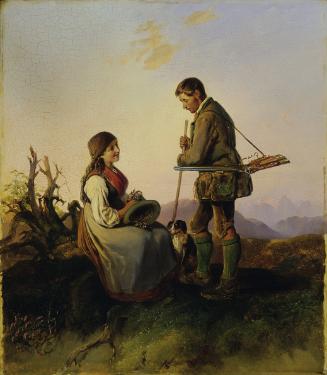 Johann Matthias Ranftl, Jäger und Mädchen, 1847, Öl auf Holz, 60 x 52,5 cm, Belvedere, Wien, In…