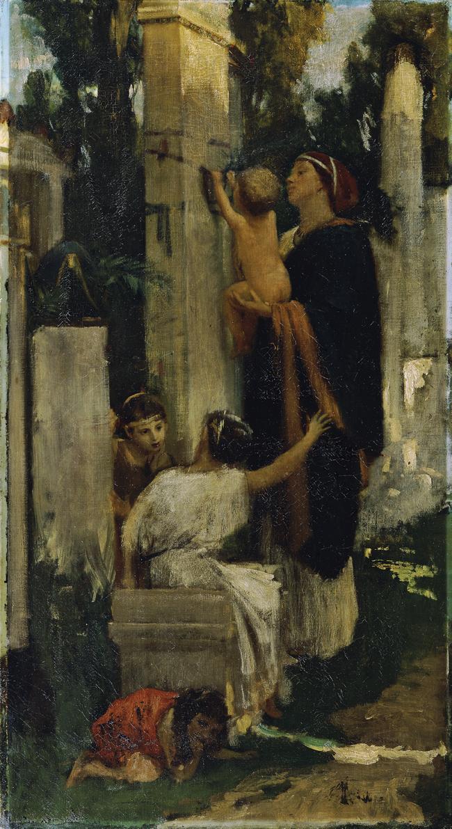Adolf Hirémy-Hirschl, Antike Friedhofsszene (Frau mit Kindern eine Grabstelle schmückend), unda…