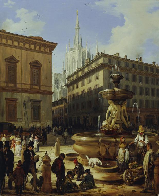 Angelo Inganni, Straßenansicht aus Mailand, im Hintergrund der Dom, 1844, Öl auf Leinwand, 97,5…
