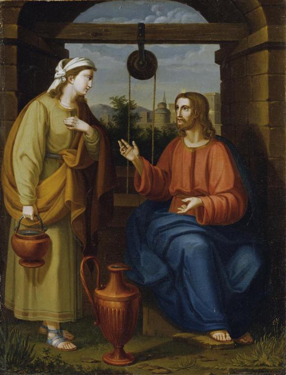 Unbekannter Künstler, Jesus und die Samariterin am Brunnen, um1820/1830, Öl auf Leinwand, 53,5 …