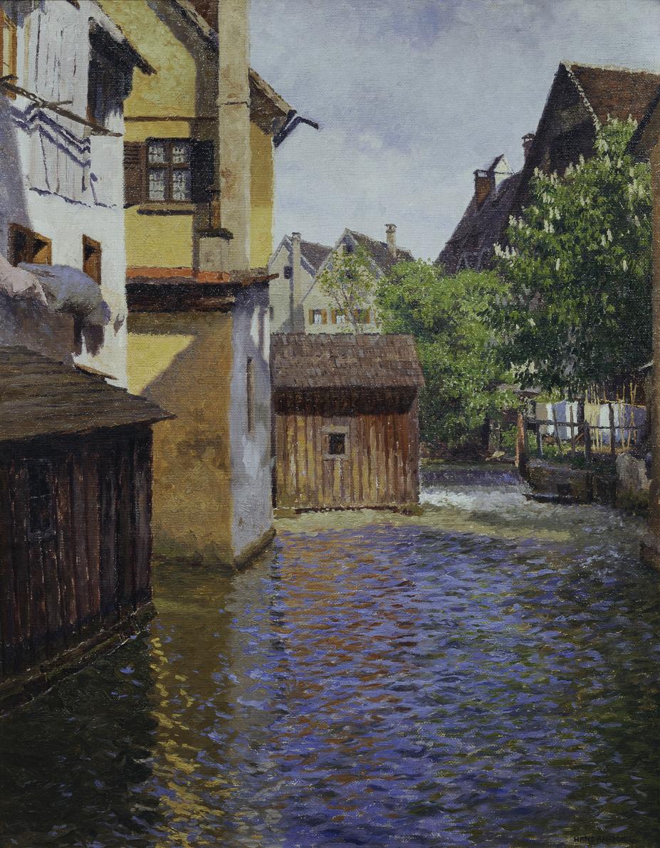 Hans Ranzoni d. Ä., An der Blau in Ulm, 1910, Öl auf Leinwand auf Holz, 72 x 56 cm, Belvedere, …