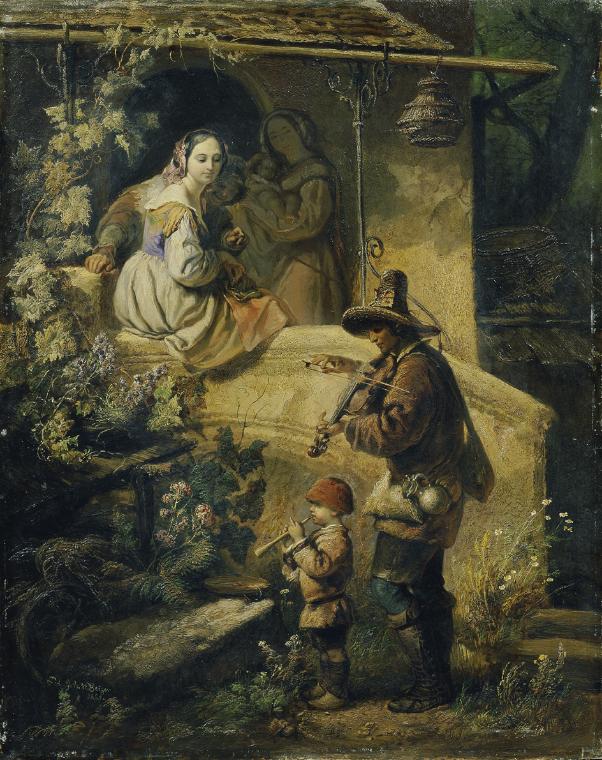 Peter Johann Nepomuk Geiger, Idylle (Italienische Bettelmusikanten), 1855, Öl auf Karton, 39,5  ...