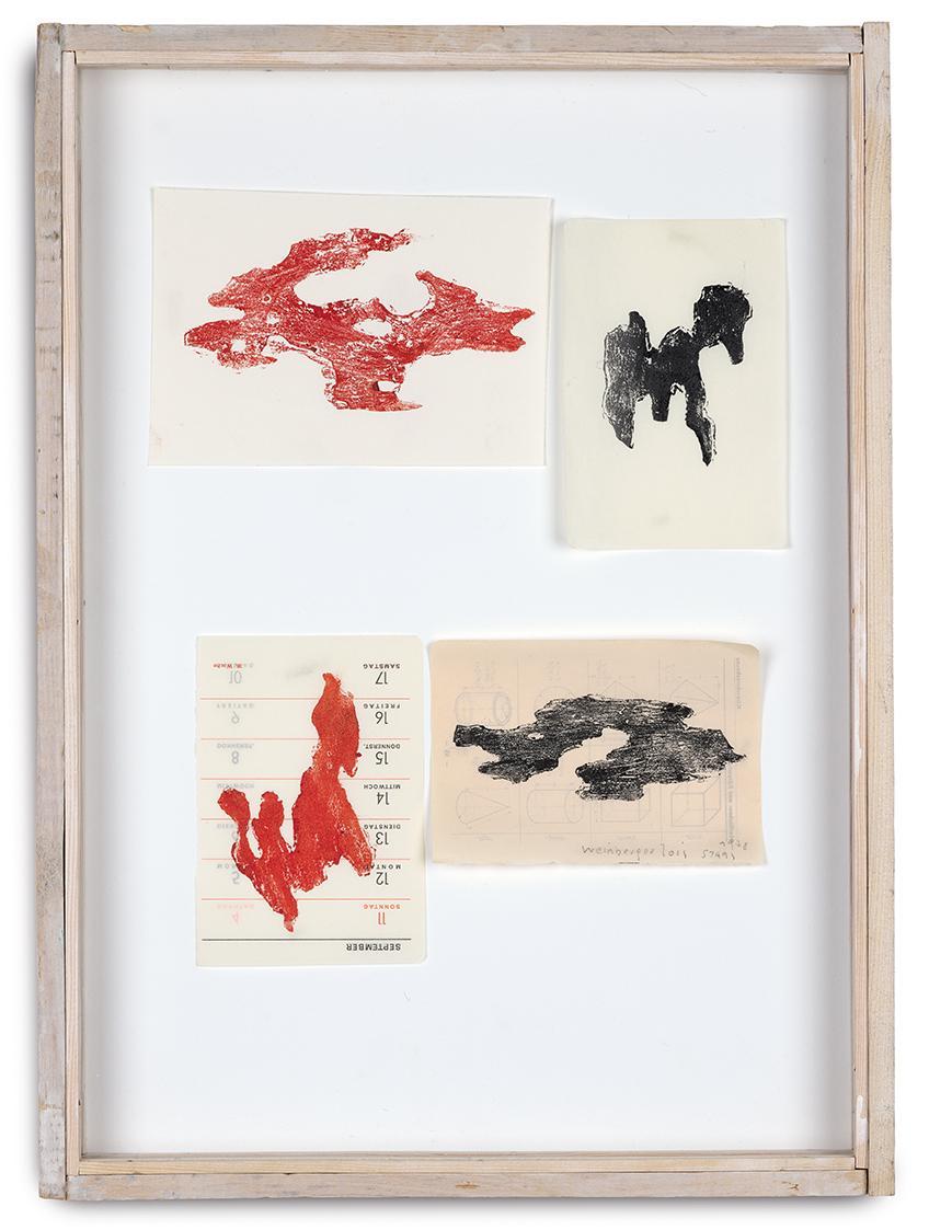 Lois Weinberger, Wege, 1978, Offsetfarbe, Tusche auf Papier, 4-teilig, je: 13 × 17,5 cm, Belved…