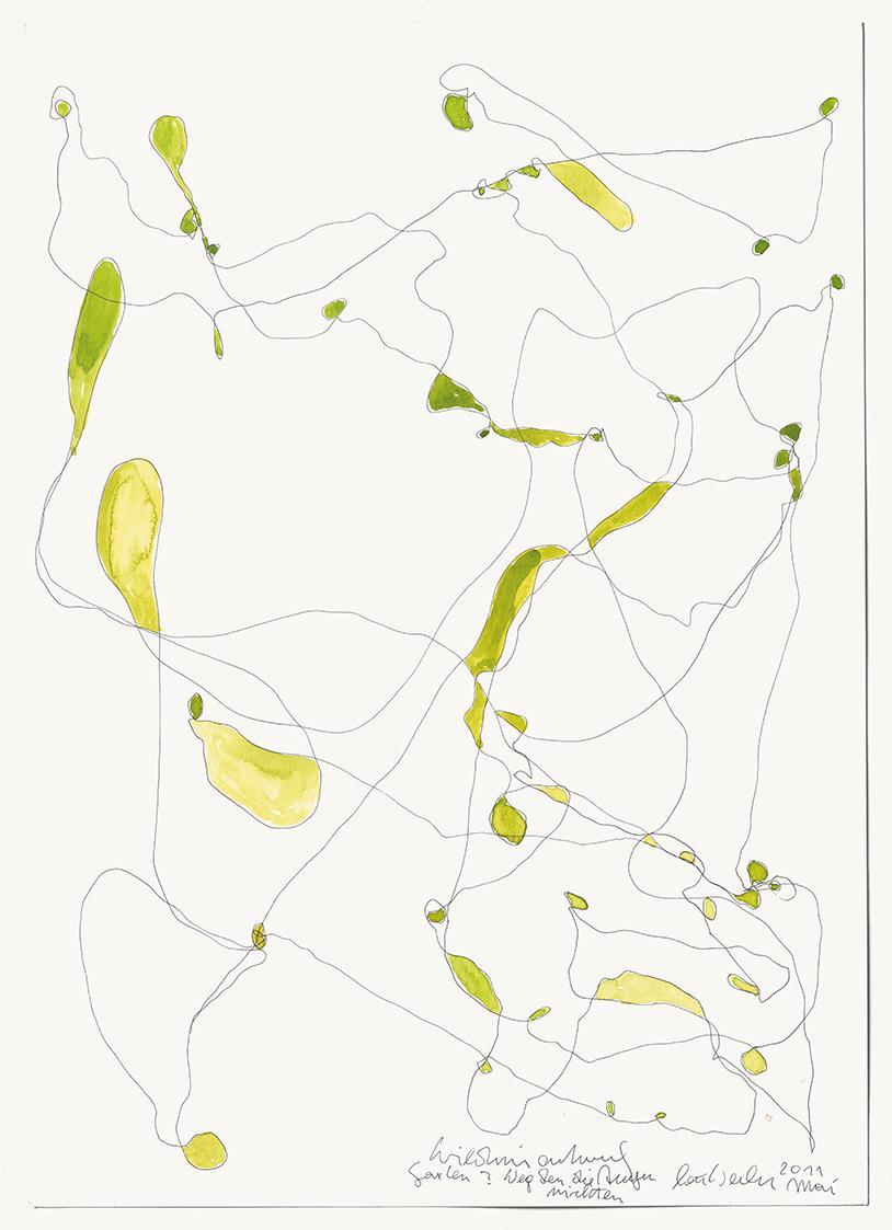 Lois Weinberger, Wildnisentwurf - Garten? Weg den die Augen richten, 2011, Tusche, Aquarell auf ...