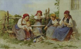 Heinrich Stohl, Frauen und Kinder mit spielender Katze, Aquarell auf Papier, 15,5 x 25 cm, Belv…