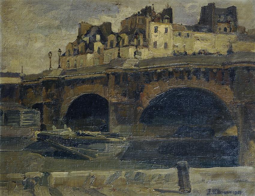 Julius Ullmann, 1907, Pariser Landschaft mit Pont Neuf, Öl auf Leinwand, Rahmenmaße: 50 x 60 x …