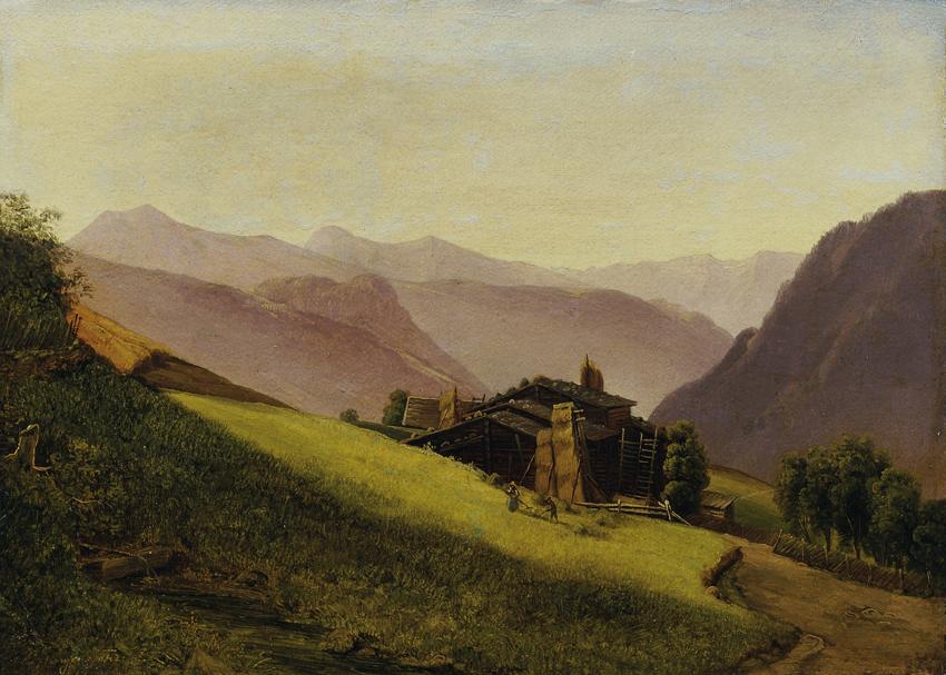 Franz Wipplinger, Gebirgslandschaft mit Almhütten und heuenden Bauern, 1842, Öl auf Papier auf …