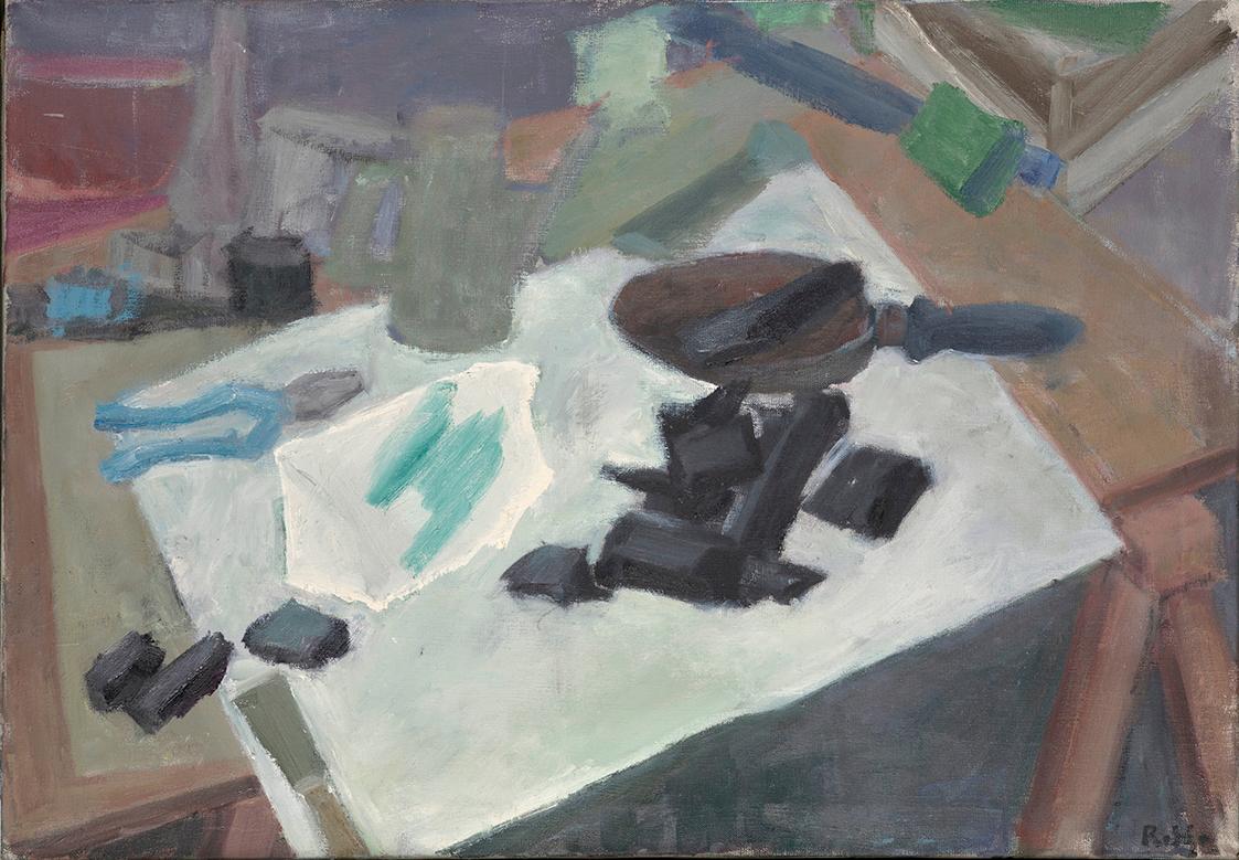 Rudolf Hradil, Kohlenstücke (Stillleben), 1989, Öl auf Leinwand, 64 x 92 cm, Belvedere, Wien, I…