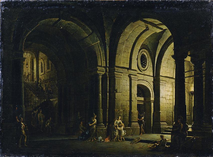 Josef Platzer, Abschied des Julius Sabinus von seiner Familie im Kerker, 1786 (?), Öl auf Holz,…