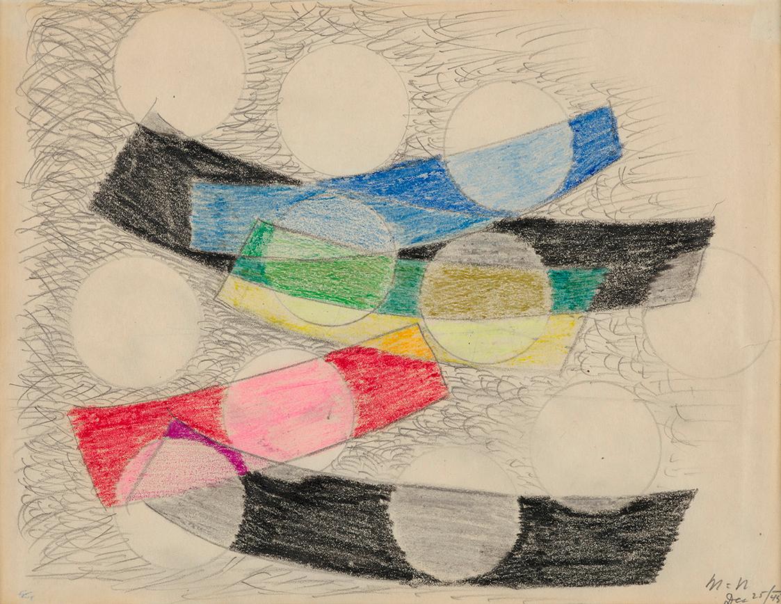 Laszlo Moholy-Nagy, Floating Shapes, 1945, Bleistift, Ölpastell auf Papier, 21 × 27,5 cm, Dauer…