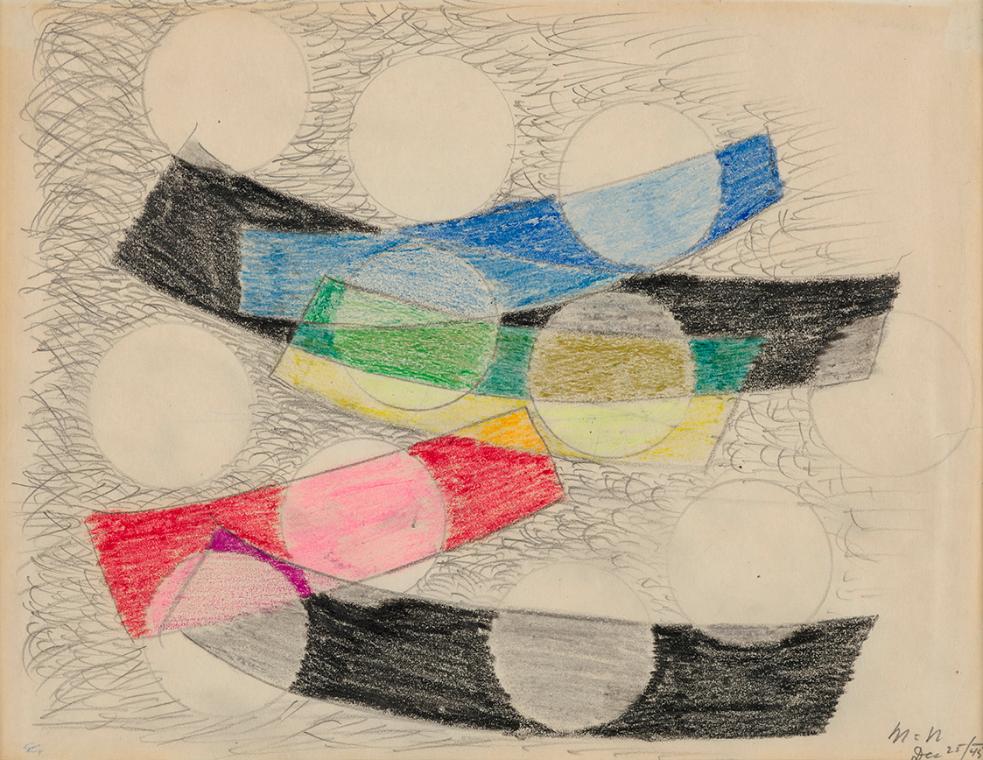 Laszlo Moholy-Nagy, Floating Shapes, 1945, Bleistift, Ölpastell auf Papier, 21 × 27,5 cm, Dauer…