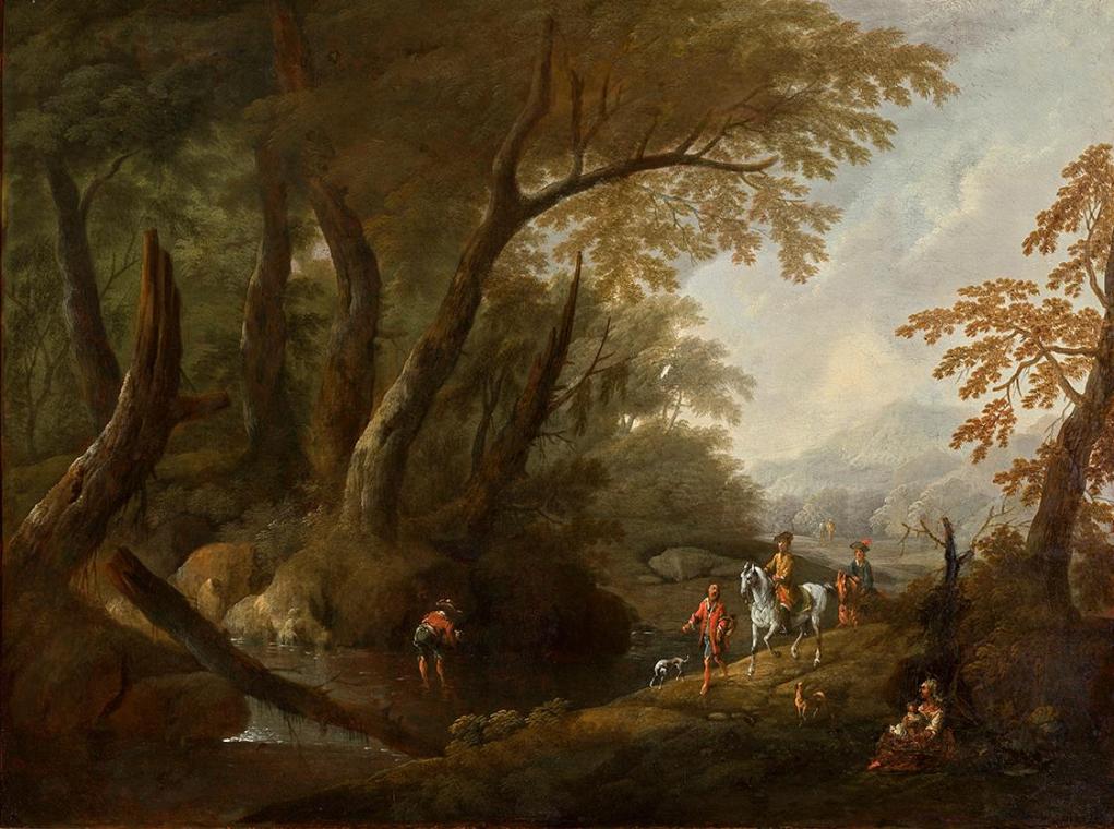 Waldlandschaft mit Gewässer links