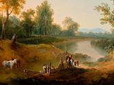 Martin von Molitor, Reiter und Fischer in einer Flusslandschaft, Detail, 1787, Öl auf Leinwand,…