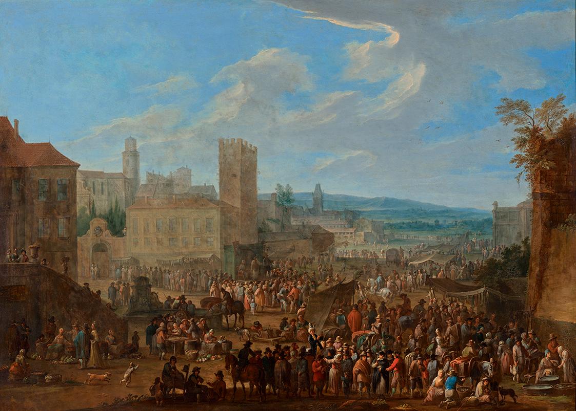 Franz de Paula Ferg, Jahrmarkt mit zinnenbekröntem Bergfried, wohl vor 1724, Öl auf Kupfer, 58 …