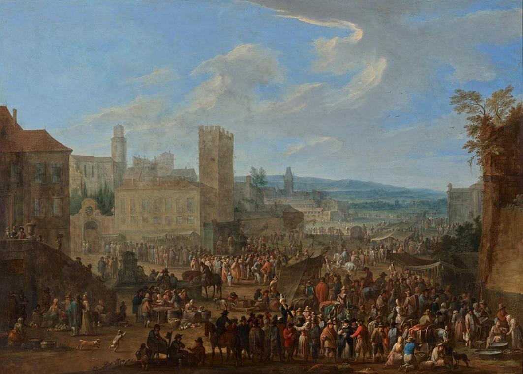 Franz de Paula Ferg, Jahrmarkt mit zinnenbekröntem Bergfried, wohl vor 1724, Öl auf Kupfer, 58 …