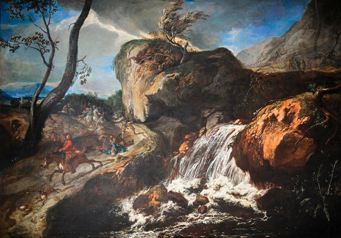 Anton Faistenberger, Landschaft mit Überfall, um 1700, Öl auf Leinwand, 160 x 228 cm, Belvedere ...