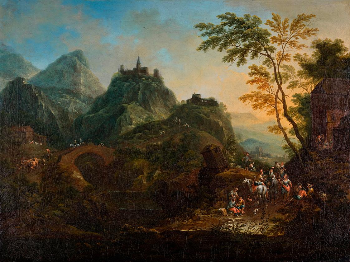 Maximilian Joseph Schinnagl, Ideale Berglandschaft mit Brücke, undatiert, Öl auf Leinwand, 52,5…