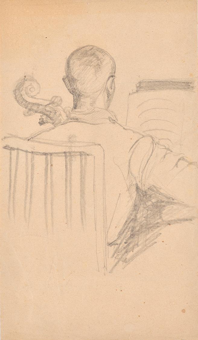 Rosa Simon-Barwig, Walter Barwig beim Chellospiel, 1924, Schwarze Kreide auf Papier, 23 × 13,5 …