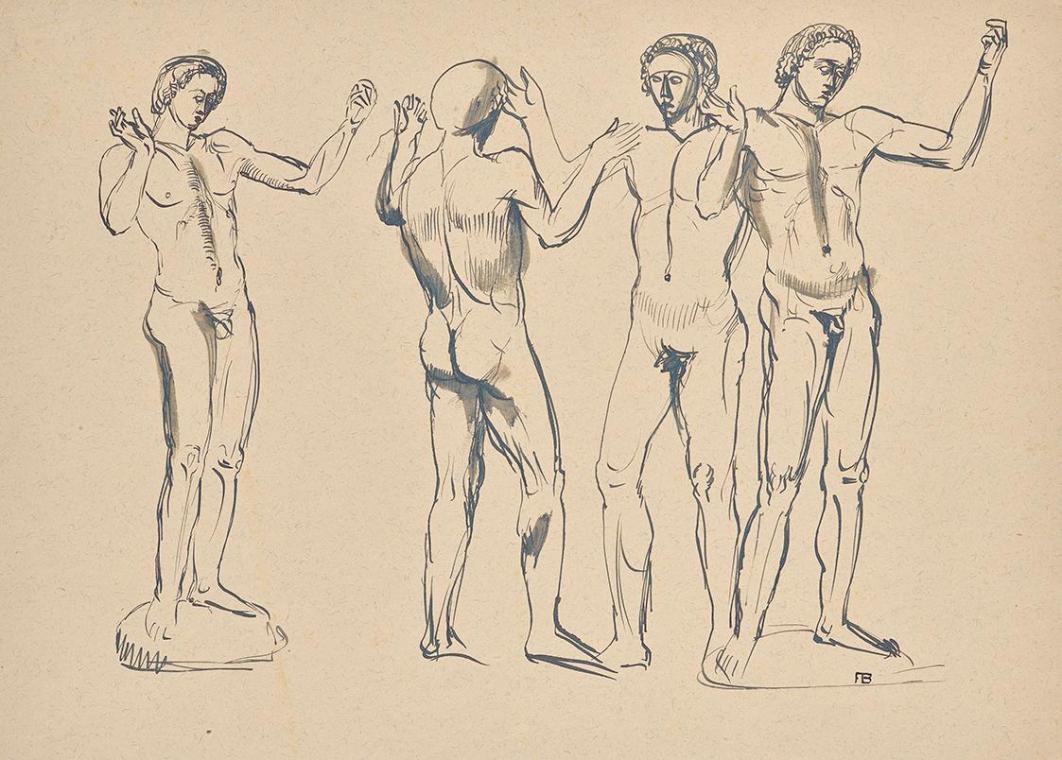 Franz Barwig, Vier Skizzen zum Redner, um 1921, Tusche, laviert auf Papier, fixiert auf Karton,…