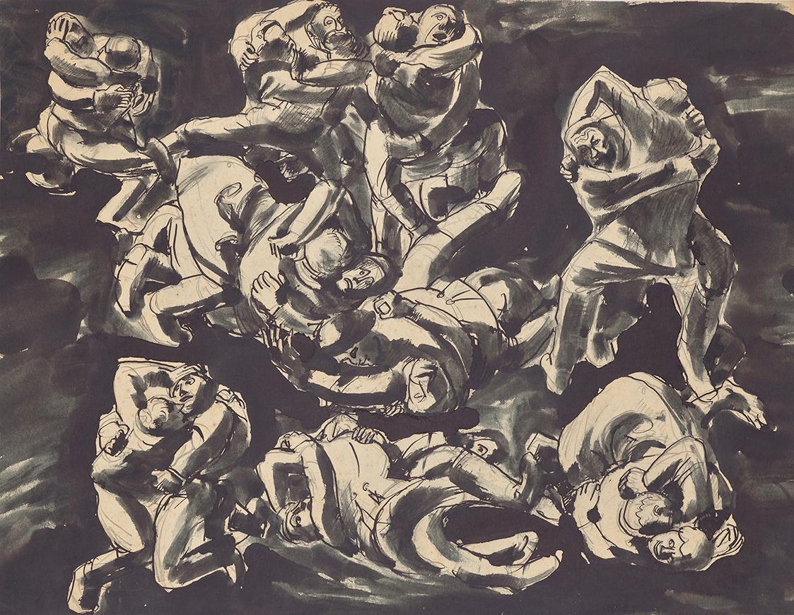 Franz Barwig, Raufende Bauern, 1919, Bleistift, Tusche, schwarze Deckfarbe auf Papier, 31,8 × 4…
