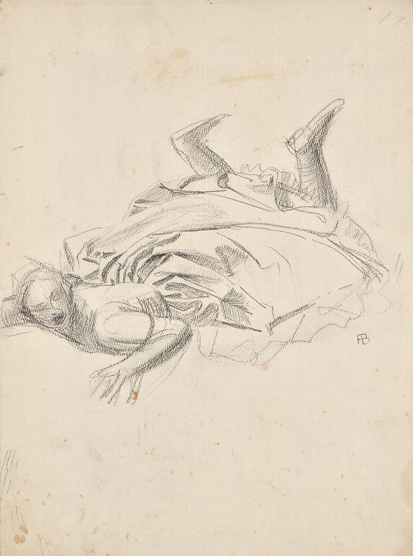 Franz Barwig, Gestürzte Frau, um 1919, Schwarze Kreide auf Papier, 38,5 × 48,8 cm, Belvedere, W…