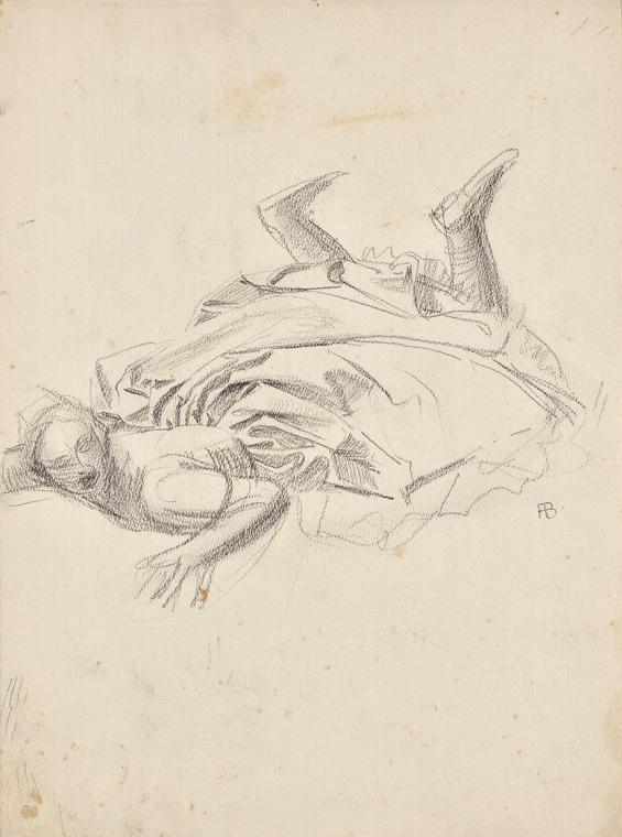 Franz Barwig, Gestürzte Frau, um 1919, Schwarze Kreide auf Papier, 38,5 × 48,8 cm, Belvedere, W…