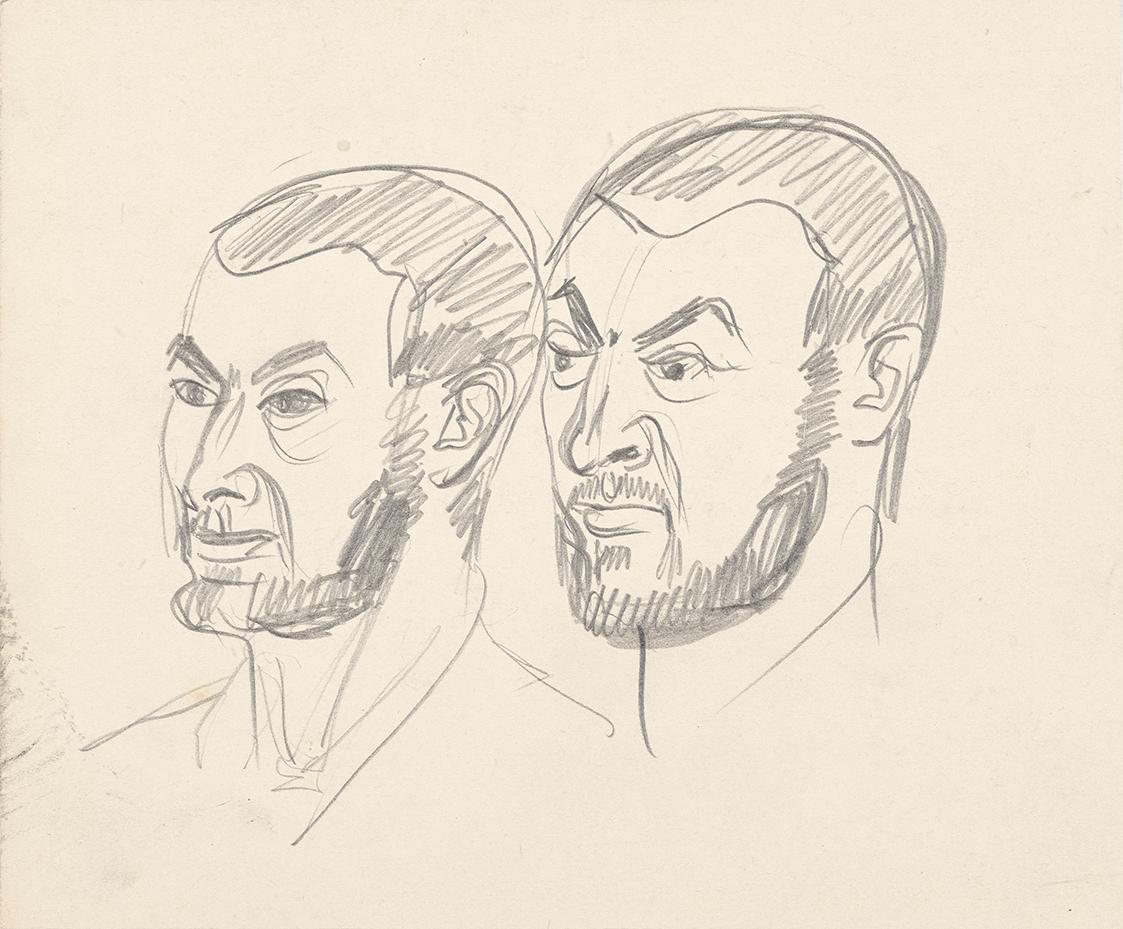Walter Barwig, Zwei Porträtstudien, undatiert, Schwarze Kreide auf Papier, 16,2 × 19,6 cm, Belv…
