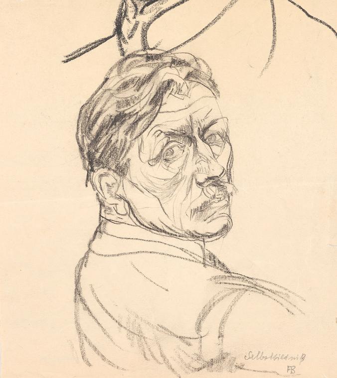 Franz Barwig, Selbstbildnis, nach 1927, Schwarze Kreide auf Papier (Rückseite einer Planzeichnu…